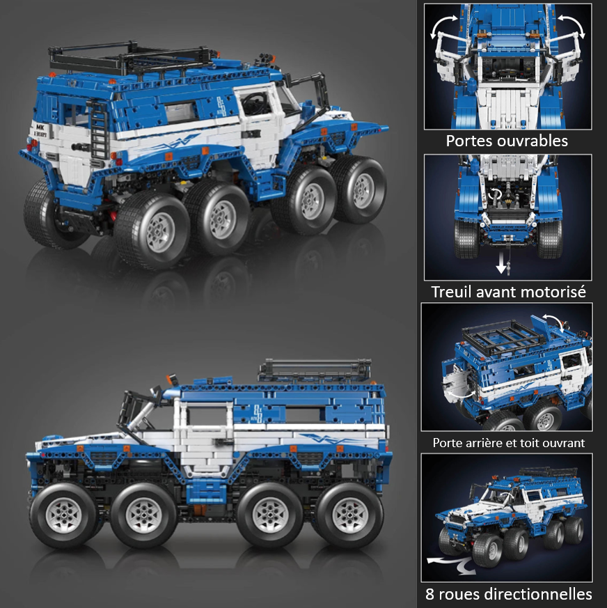 mabriq.fr - Avtoros Shaman 8x8 BLEU - Vue arrière et côté et fonctionnalités - Brique de construction - compatible autres