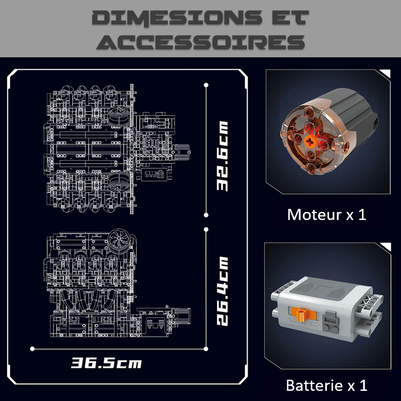 mabriq.fr - Moteur V8 F488 - Dimensions et accessoires - Brique de construction - compatible autres marques