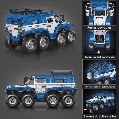 mabriq.fr - Avtoros Shaman 8x8 BLEU - Vue arrière et côté et fonctionnalités - Brique de construction - compatible autres 