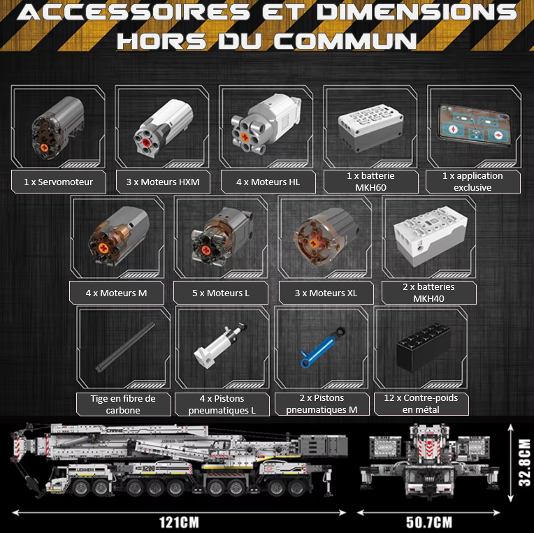 mabriq.fr - Grue mobile Liebherr LTM 11200 GRISE - Accessoires et dimensions - Brique de construction - compatible autres marques