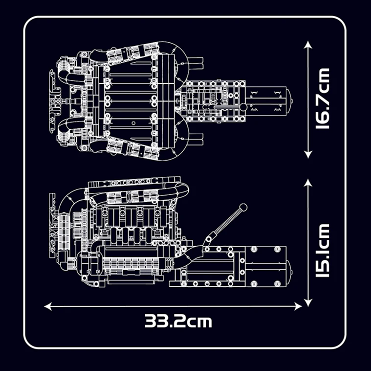 mabriq.fr -Moteur V8 et transmission - Dimensions - Brique de construction - compatible autres marques